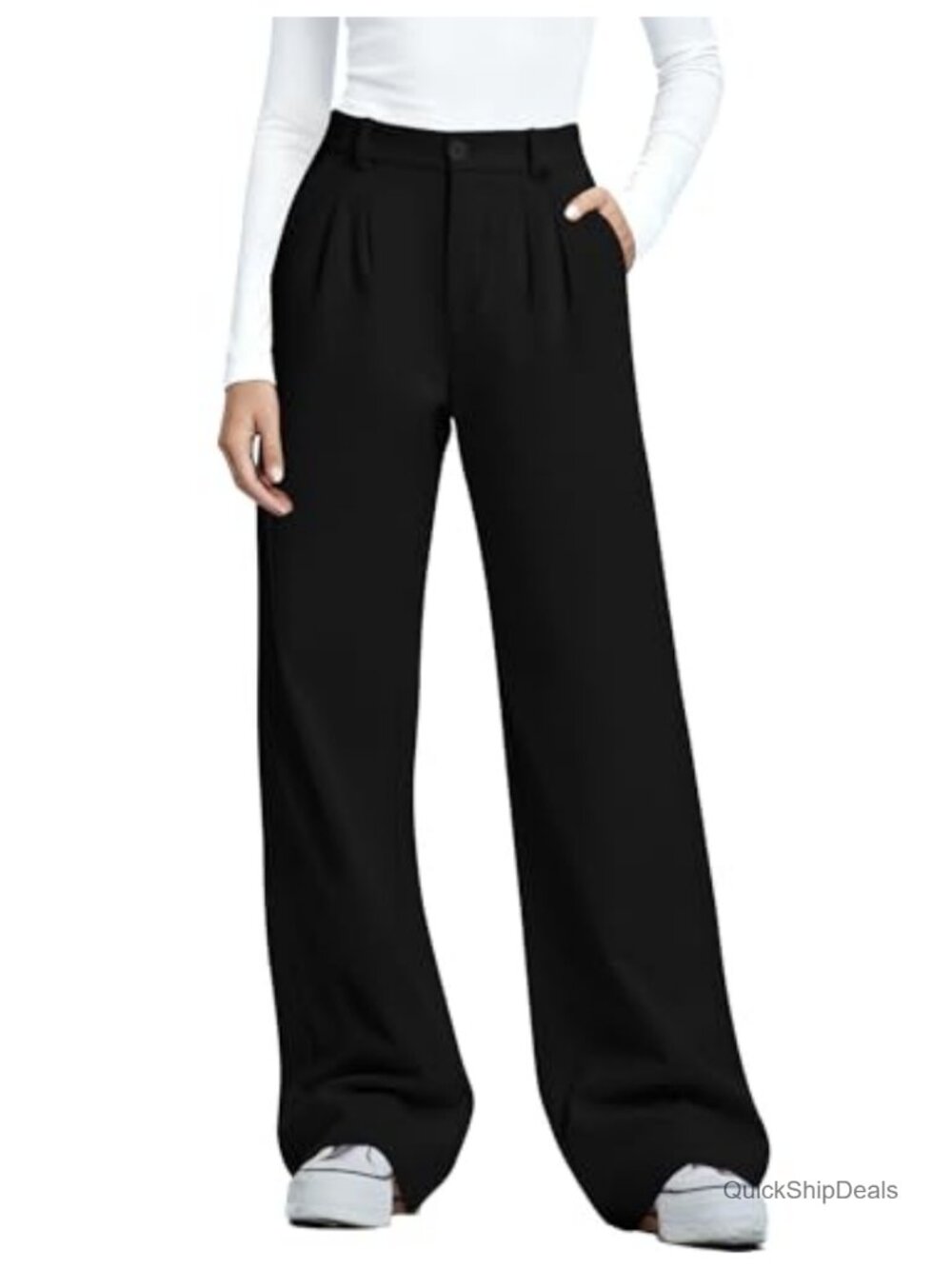 Wide Leg Pleated Work Slacks with Pockets Heavyweight Polyester